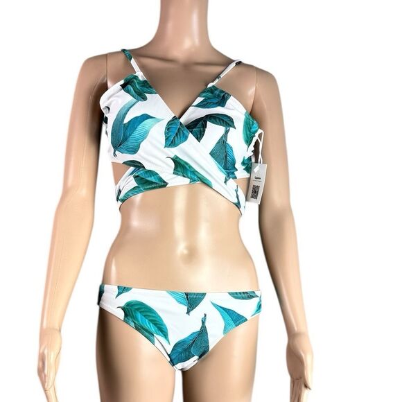 Cupshe White & Teal Green Leaf Bikini - Picture 3 of 8